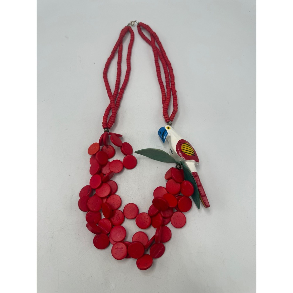 Vintage Red Multi Strand Beaded Statement Necklace Painted Parrot Tropical Bird